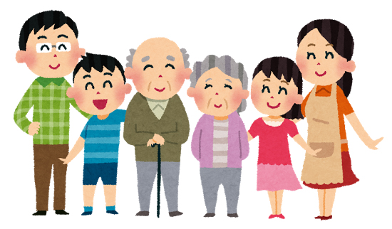 左から、父親・息子・祖父・祖母・娘・母親の家族6人が並んでいるイラスト